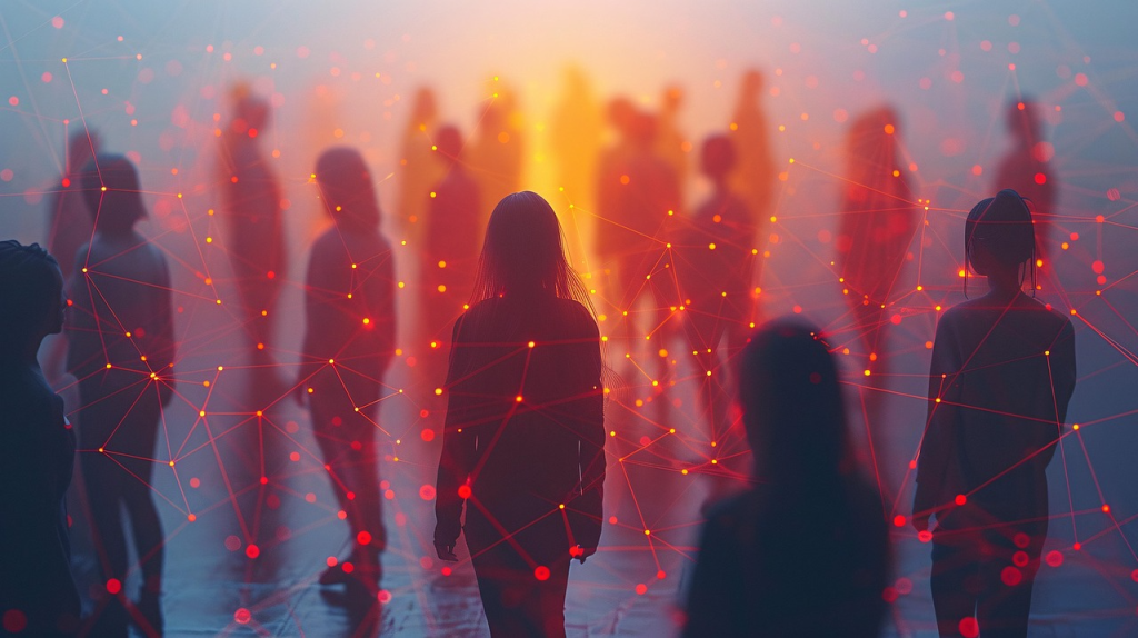 "Outline of multiple people connected by digital lines and nodes, representing communication, collaboration, and networking in a tech environment."
