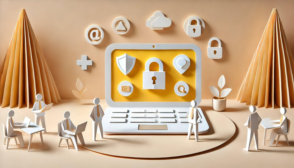 "Business professionals around desks with laptops and tablets, with digital shields and padlock symbols on a central laptop, representing online security, privacy, and data protection."