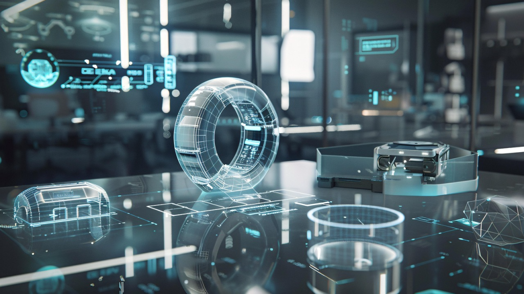 "Futuristic 3D digital board in a blue-toned room, representing technology, innovation, and advanced software solutions."