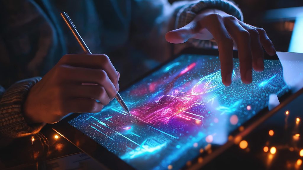 Person using a stylus on a tablet displaying a modern high-tech interface with analytics and digital tools, representing online business and funnel building technology.